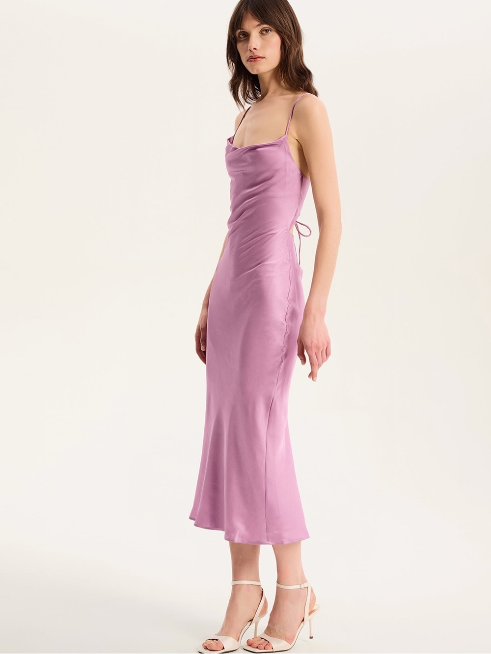 Le Lis Riviera Lavender Midi Dress W/Draped Cowl Neck & Lace-up Back Det.,MEDIUM